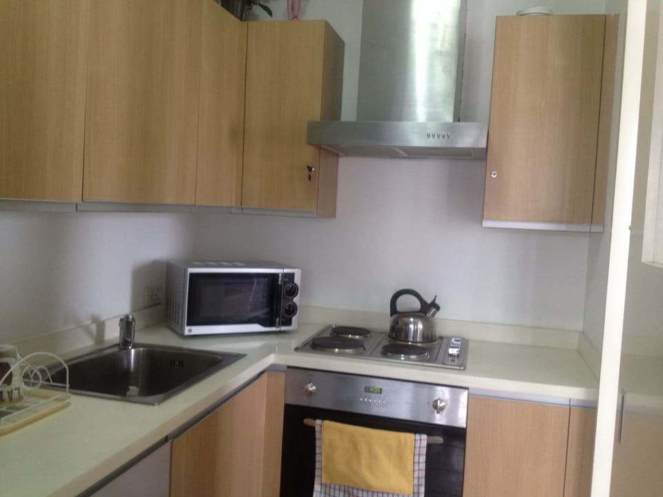 Kitchen with 4-burner electric stove/oven and microwave