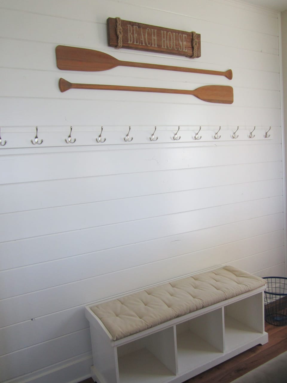 Hooks and Pottery Barn Bench Provide Perfect Spot for Jackets and Hoodies