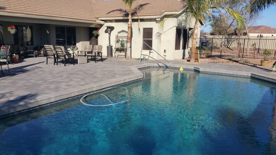 NONHeated pool w safety handrail. Multiple seating options, including Dining!