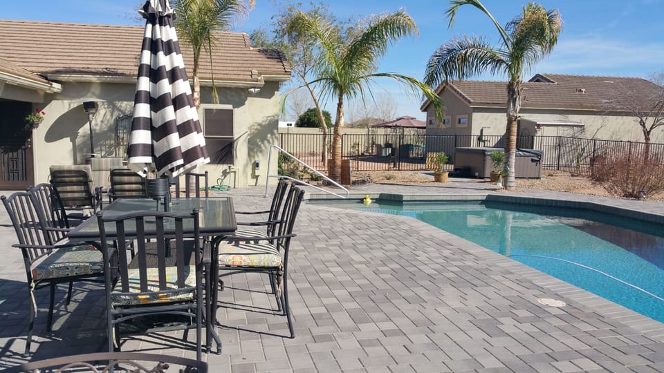 West View of the patio. Dine, relax, swim, sunbath-6 person NEW Hot Tub. Enjoy!!