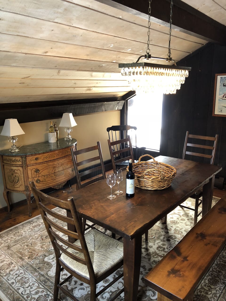 Dinning Room with farm table and pot belly stove 