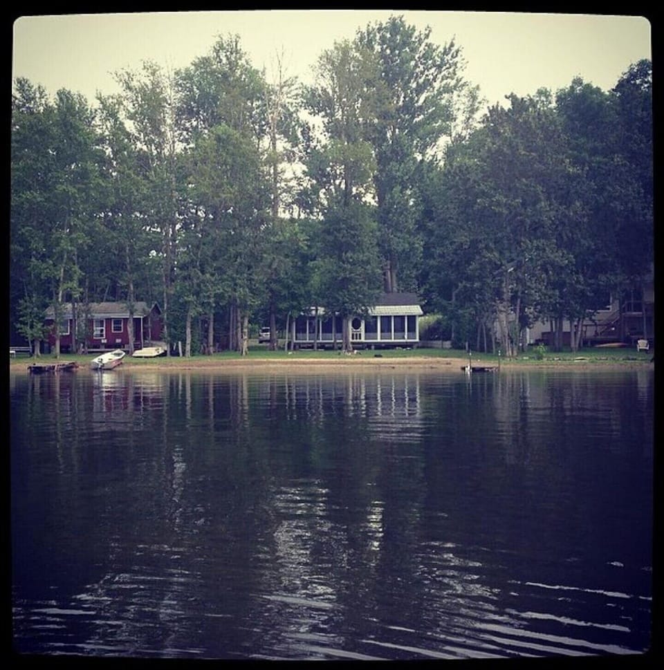 View of the cottage from the lake. It has the white roof and porch on the front.