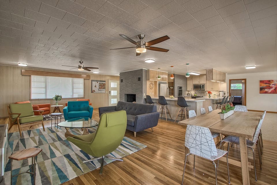 Decorated in mid-century modern style.