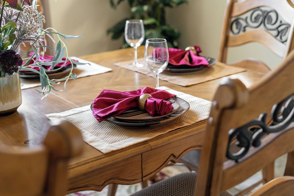 Open-concept dining. This spacious area connects with the kitchen