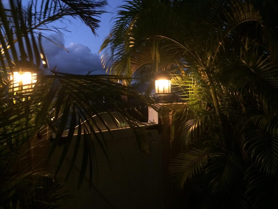 The front gate at dusk.