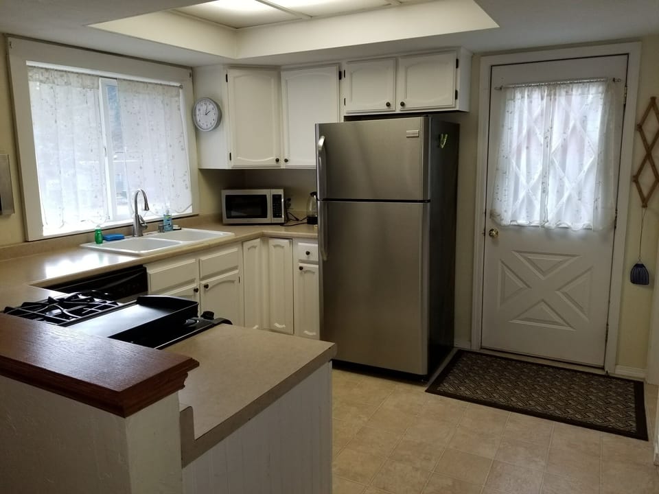 Fully stocked kitchen (new fridge not shown) with a back door to the patio.