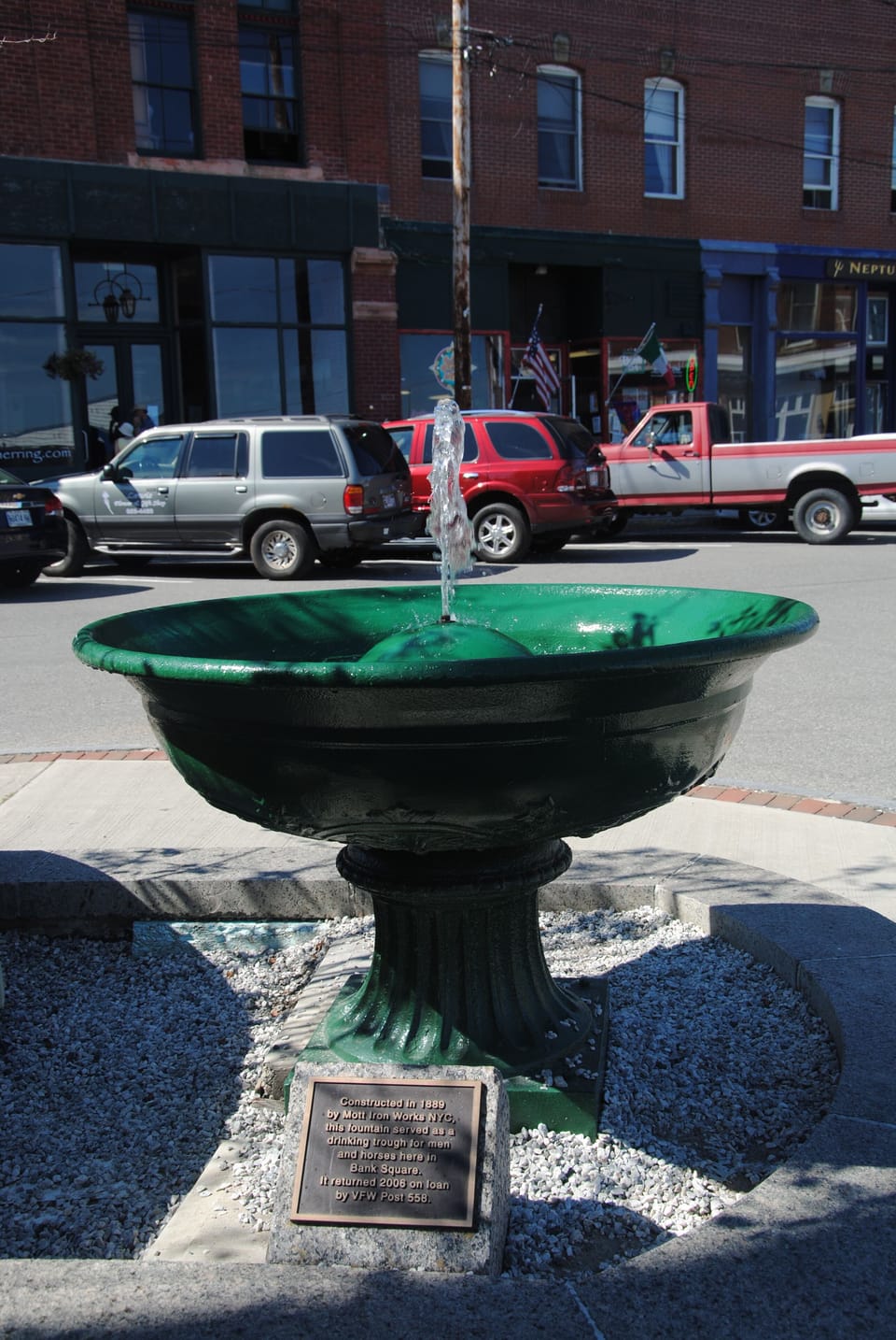 The restored historic horse fountain in Bank Square.