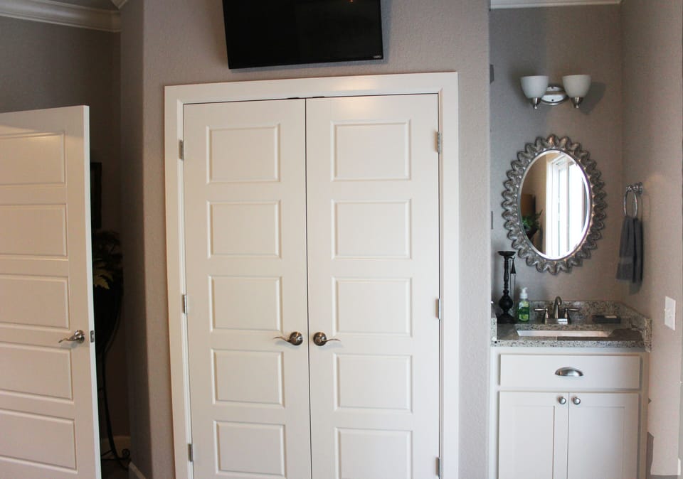 Bedroom closet with sink and television