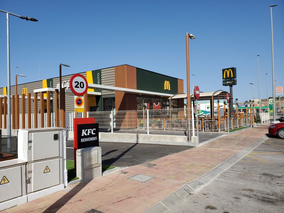 McDonalds and Burger King at the Port, 10 minutes drive away