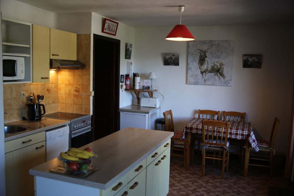Dining and kitchen area which is very well equipped also another French window 