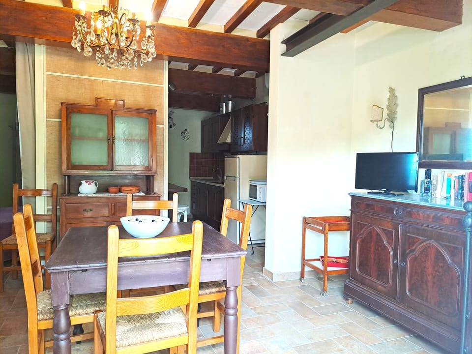 the dining table , the counter, chest of drawers and TV