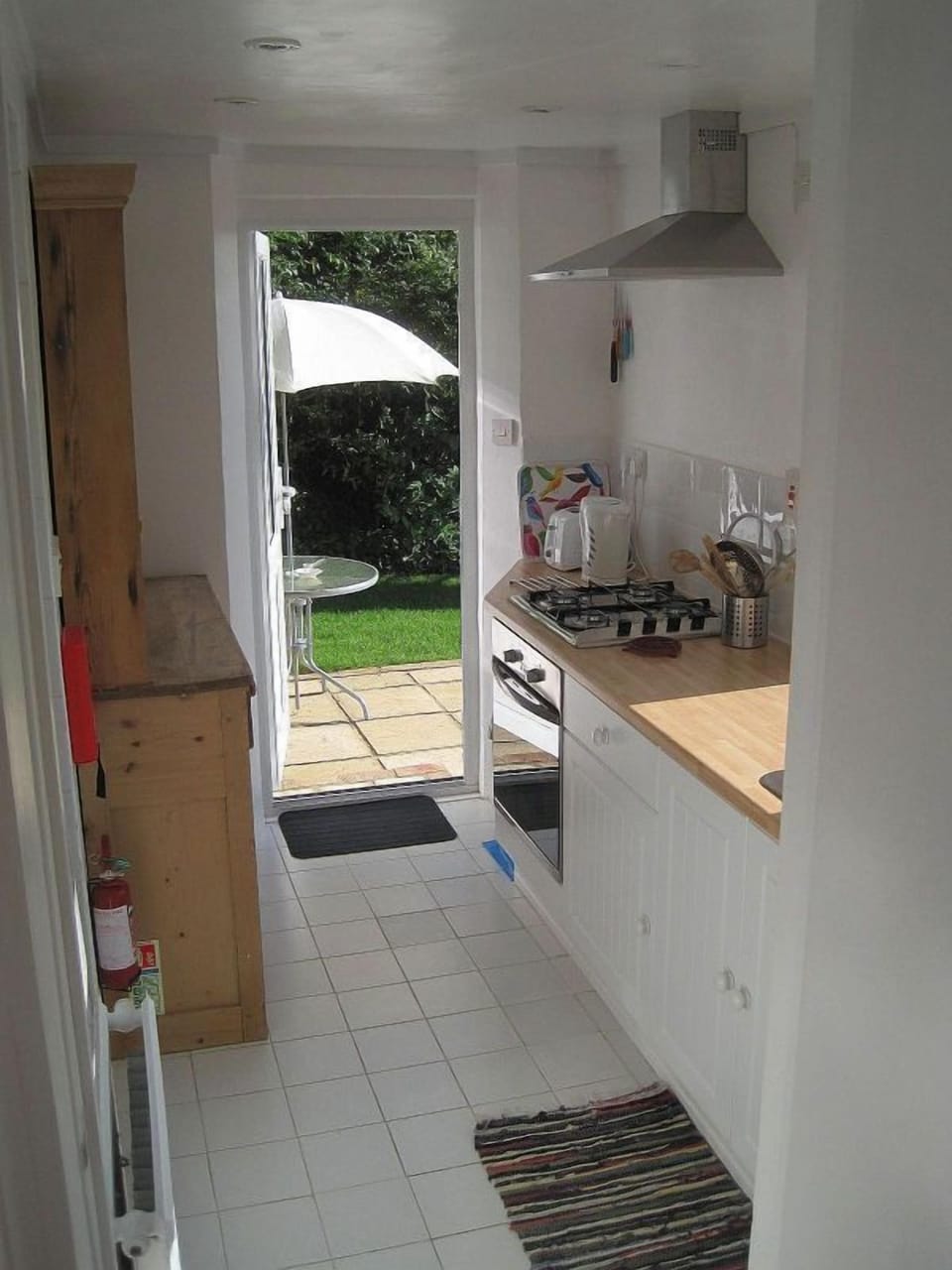 kitchen with view through to patio