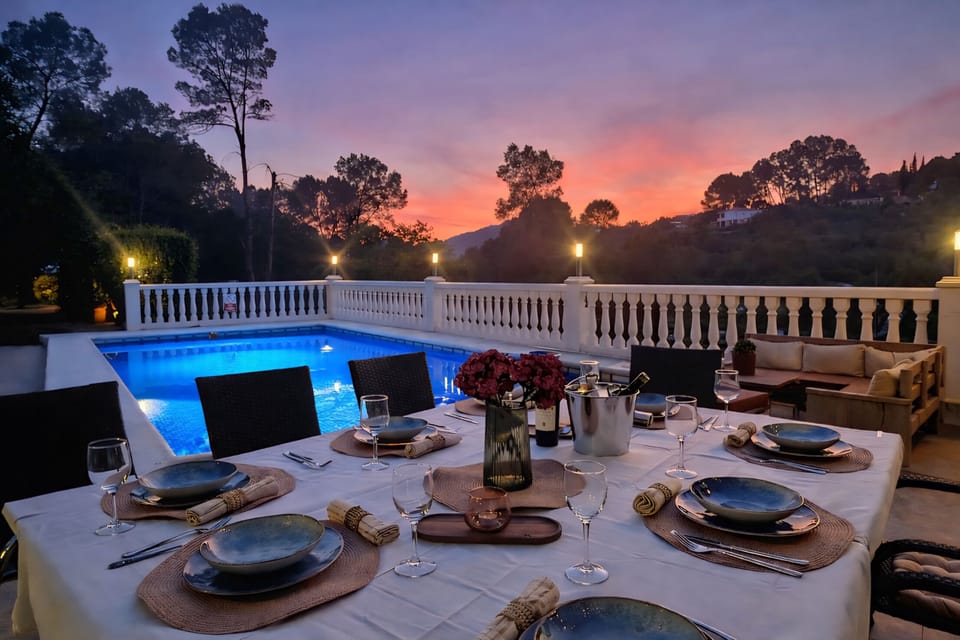 Beautiful alfresco dining with exterior lighting 