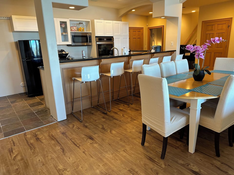 View of kitchen from dining table