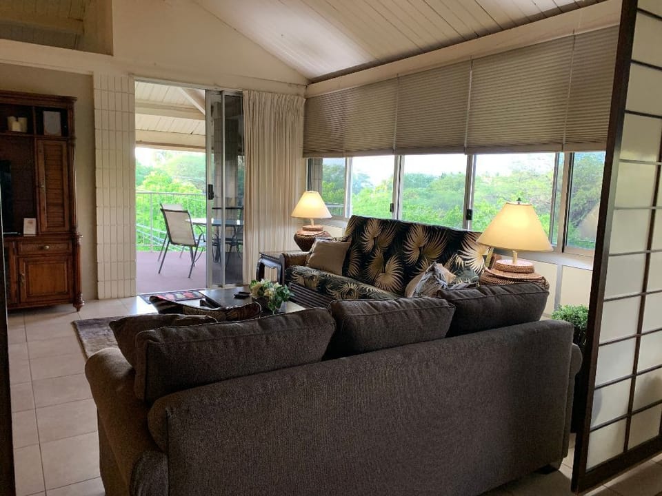 Living room looking out on the lanai with partial ocean views