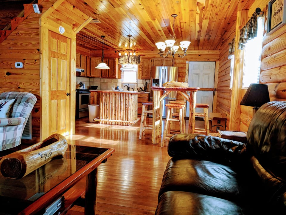 Dream cabin kitchen with new Hickory cabinets and granite countertops.