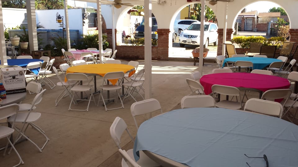Large covered patio with tables & chairs perfect for large parties. 