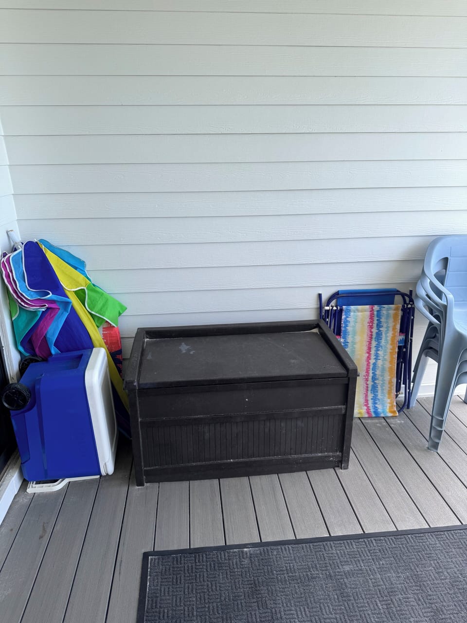 Toy chest on the back porch.  Usually has great beach toys!