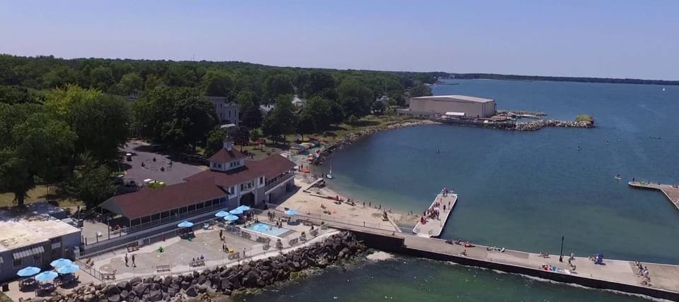 A great view of the pier with the water park feature for the young ones