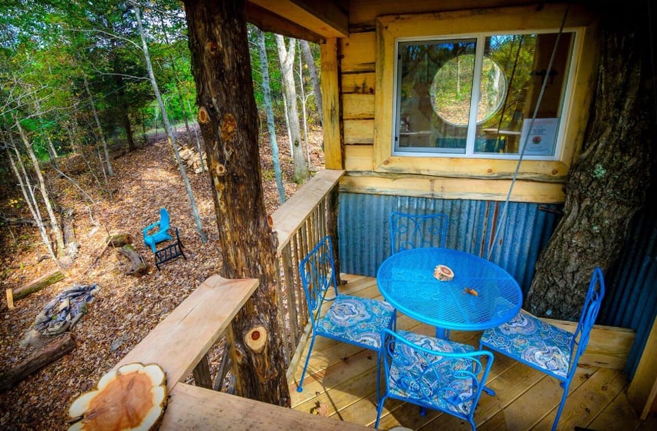 Right outside living room. You can see firepit below too!
