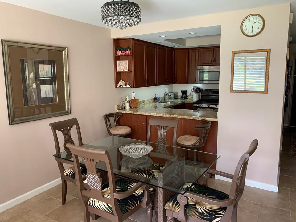 Comfortable dining area along with seating to keep the chef company.