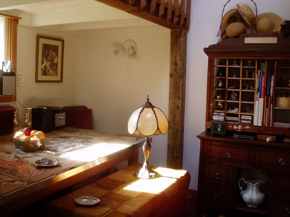 Afternoon sun on the steel-top craft table.