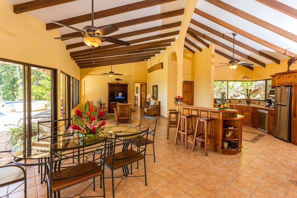 Living room, dining area and kitchen