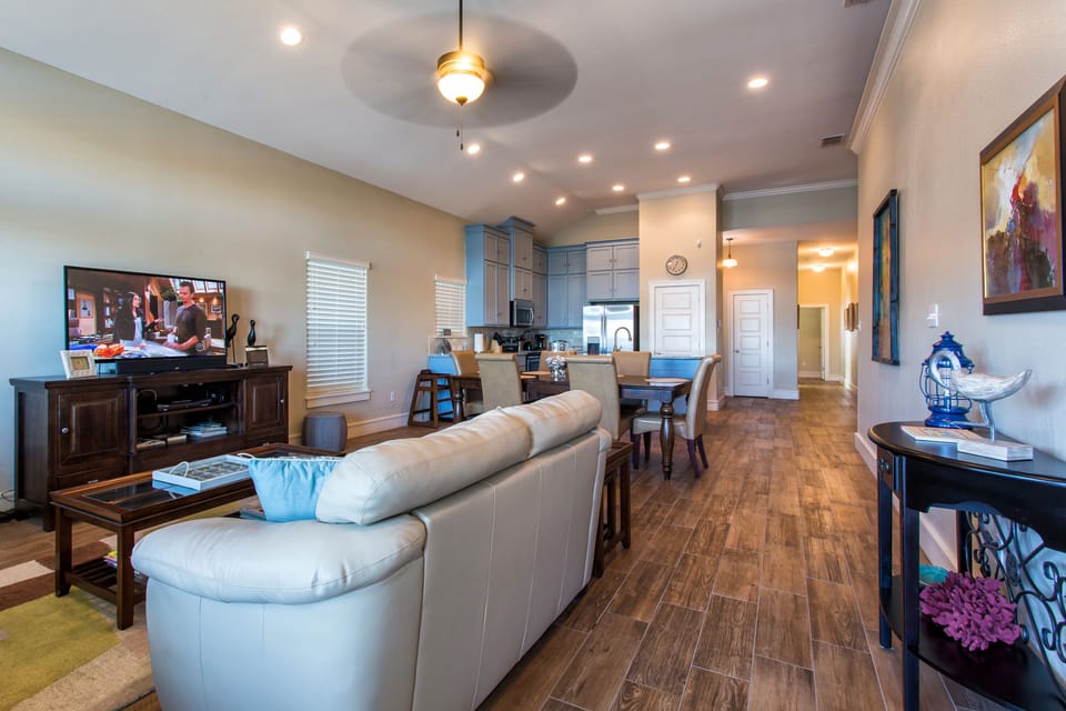 Spacious floorpan with master off the back deck and guest rooms up front.