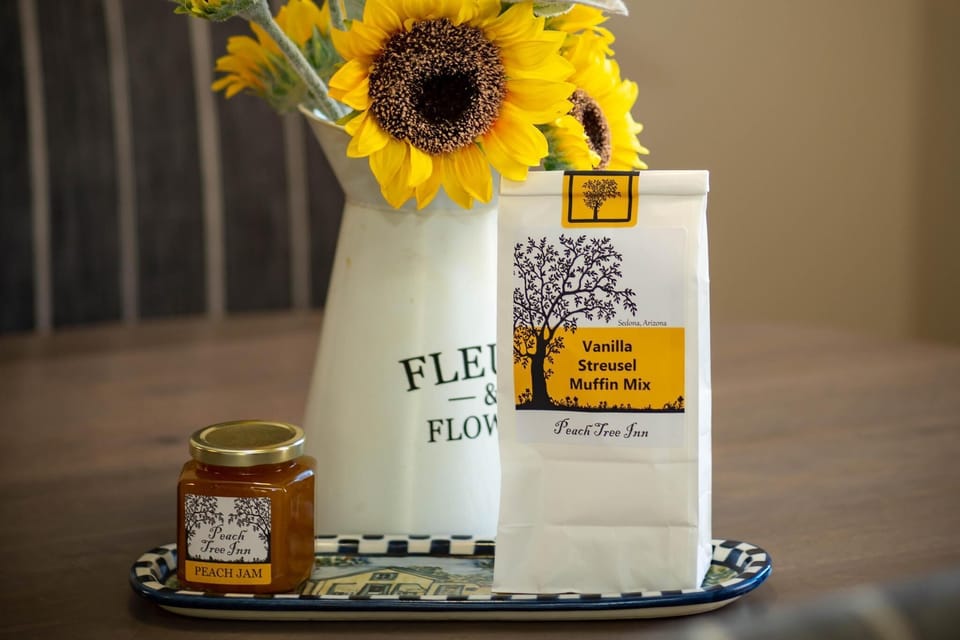 Peach jam and muffin mix for all of our guests.