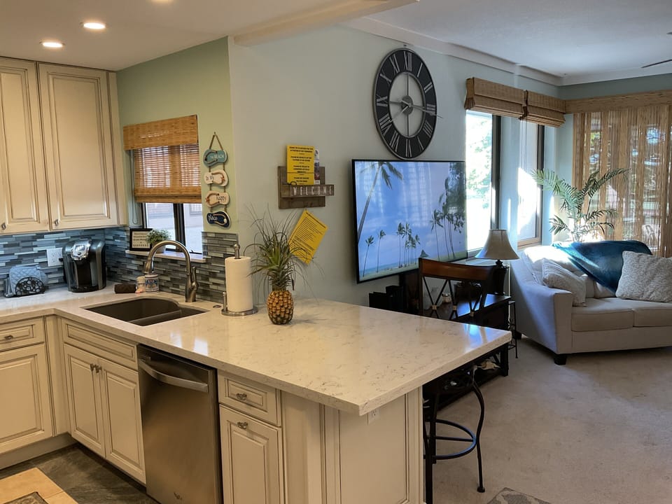 Remodeled kitchen as of 2020 and large smart TV.