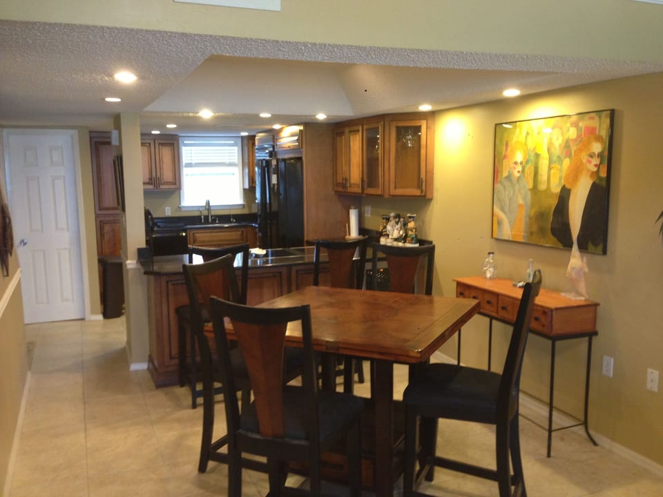Dining room table is expandable up to 6 with a lazy susan built inside.