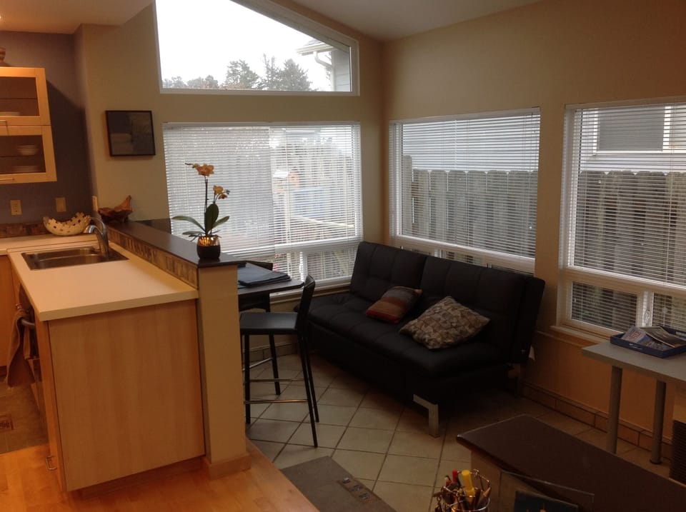 Sun room with eating area and a double-size futon/couch