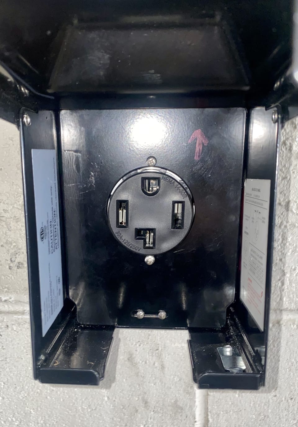Personal space EV charging. NEMA 14/30 adaptor/cable is required.  