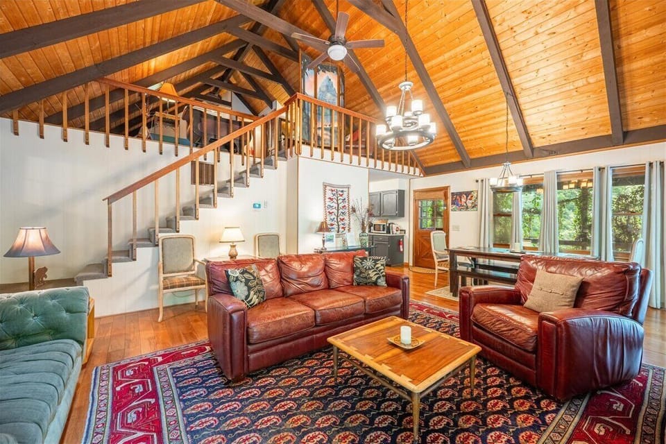 Comfortable leather furniture for relaxing by the fire. 