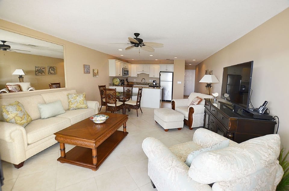 Living, dining and kitchen areas as viewed from patio.