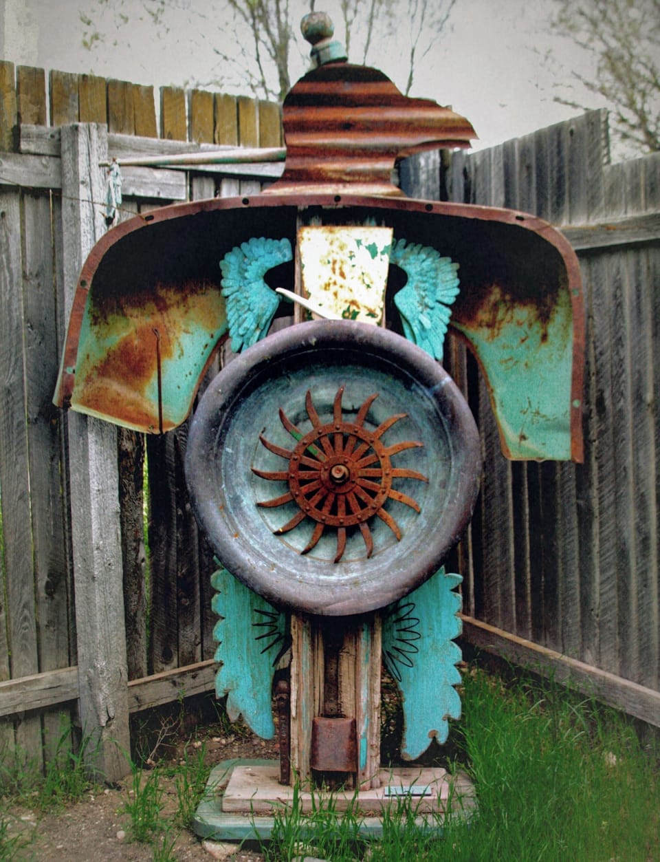 Assemblage Art in Courtyard.  Inspired By A Piece Of Rusty Car By Roadside