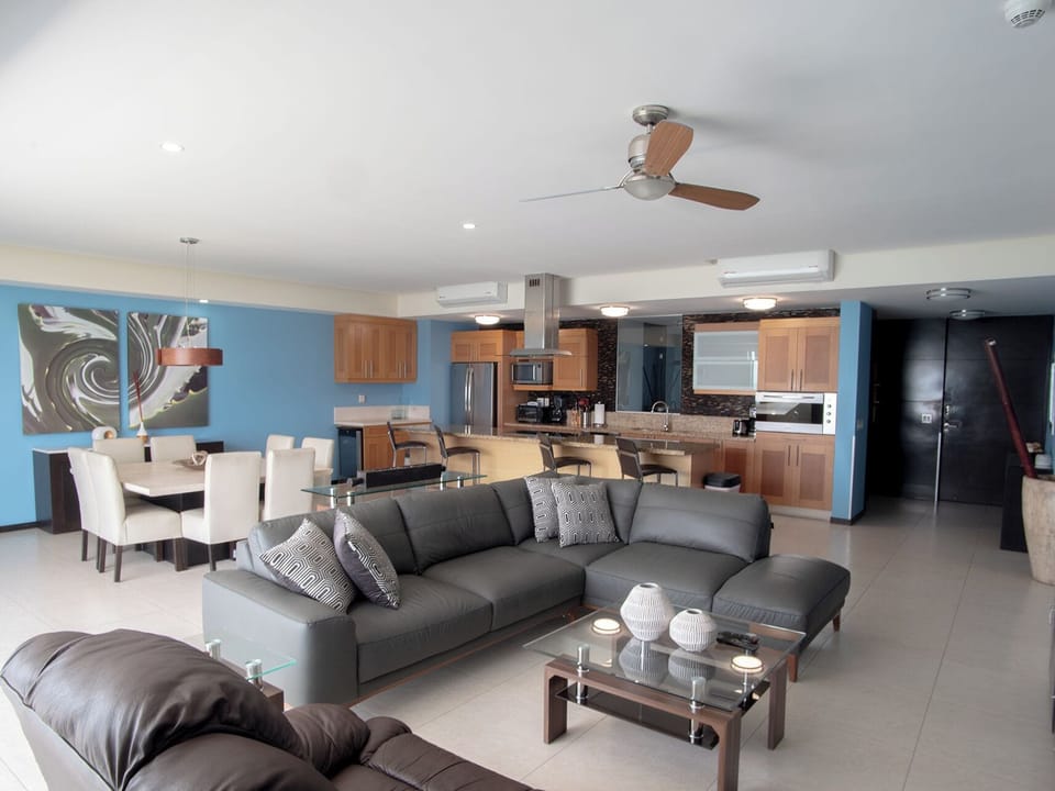 Open concept living room/kitchen/dining room.