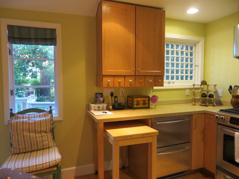 Kitchen with drawer refrigerator and freezer. 