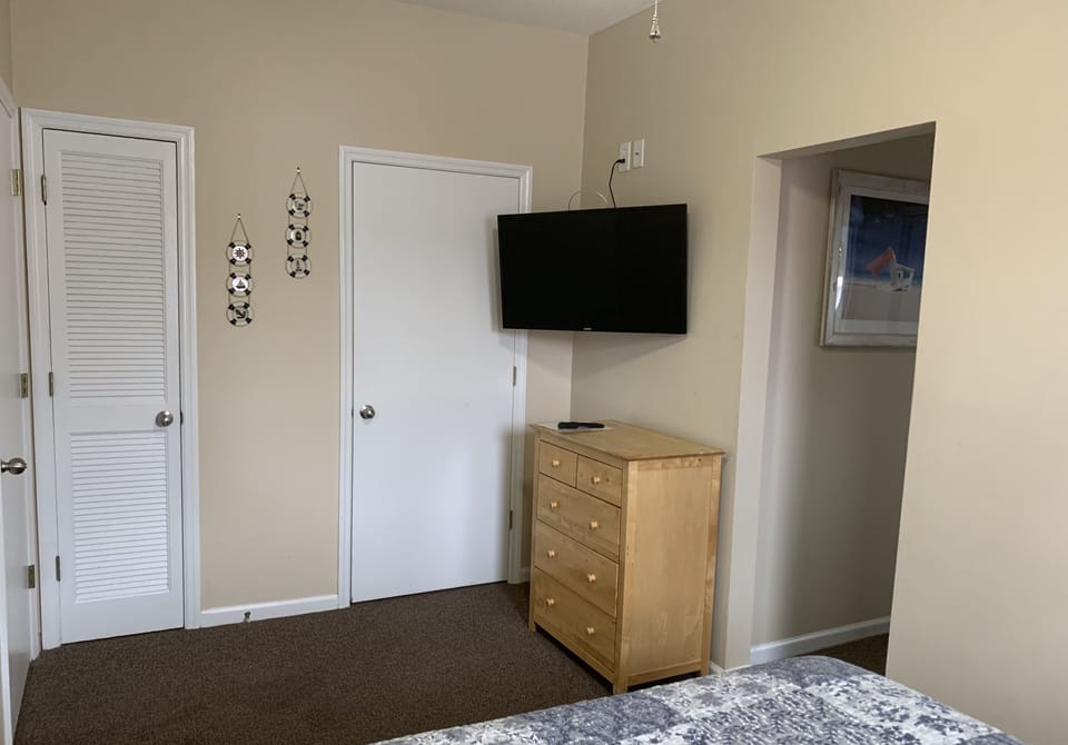 Bedroom with TV and closets.
