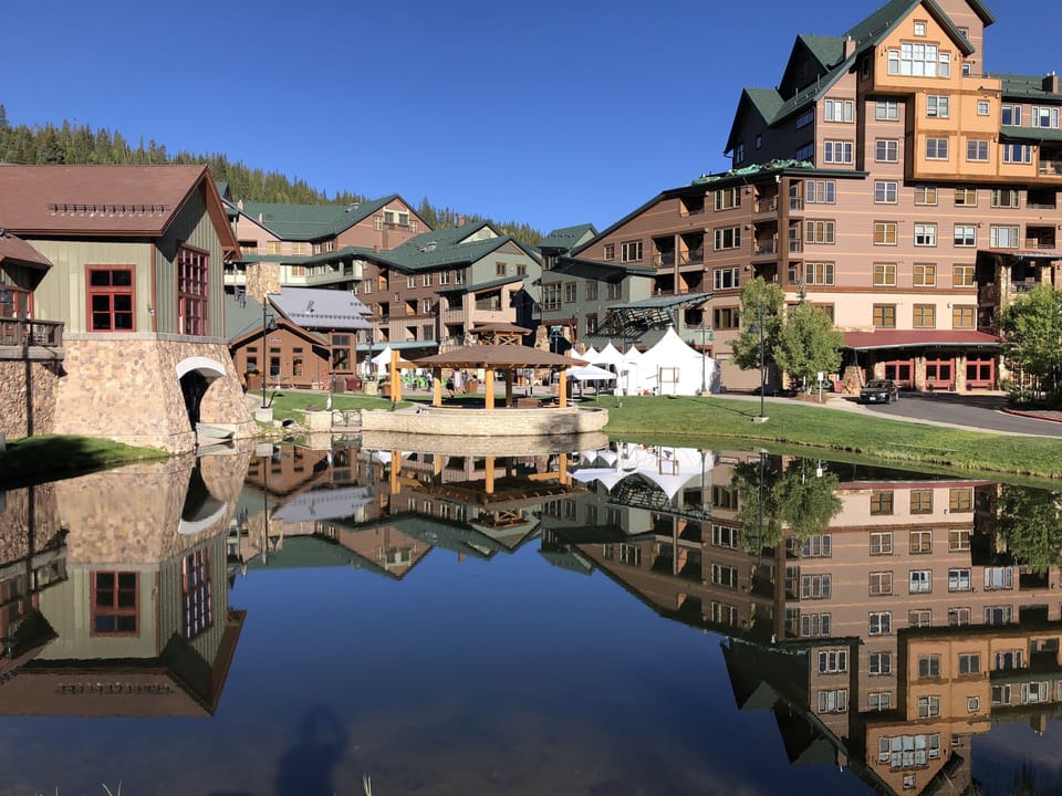 View of our building from the pond where you can ice skate in the winter.