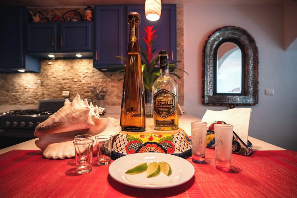 Mexican style kitchen, 6 burner gas stove, 2 fridges, photo bombed by TEQUILA