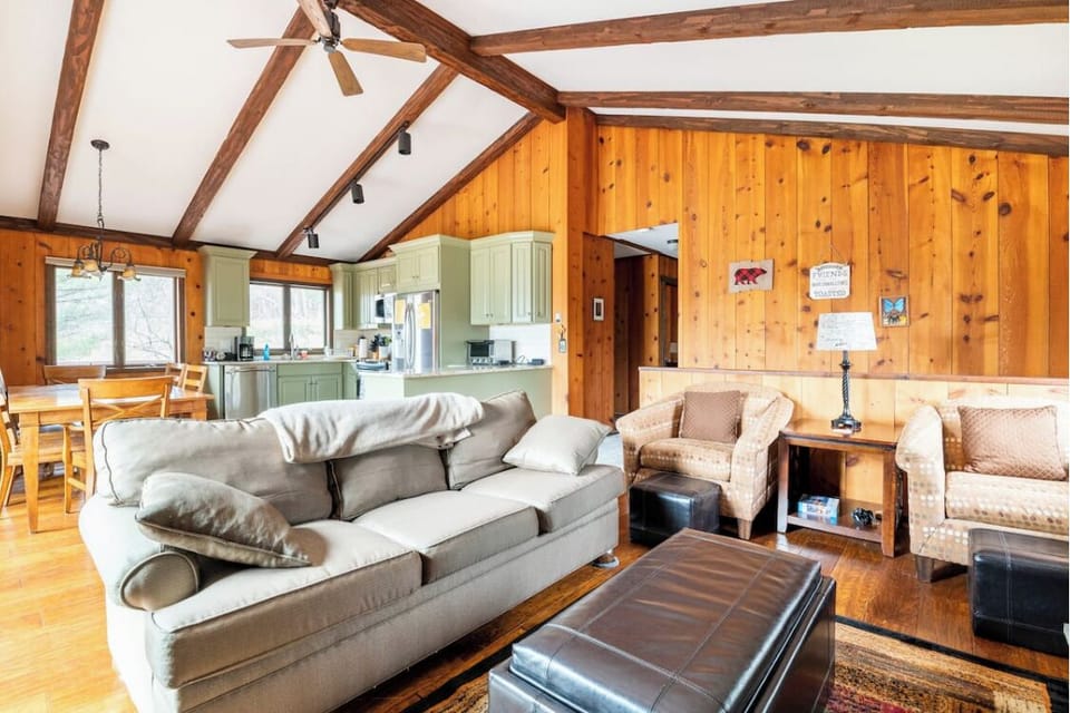 Spacious open-plan with vaulted ceilings.