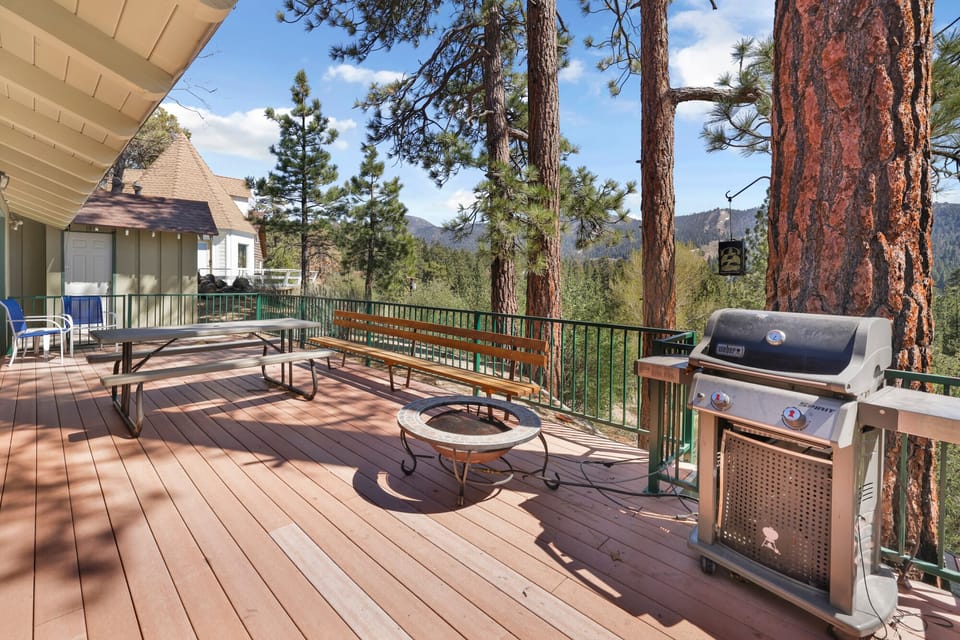 Private outdoor area with a BBQ surrounded by tall pines, perfect for relaxing under the trees after a day of adventure—enjoy peaceful forest views, fresh air, and a truly rejuvenating stay.
