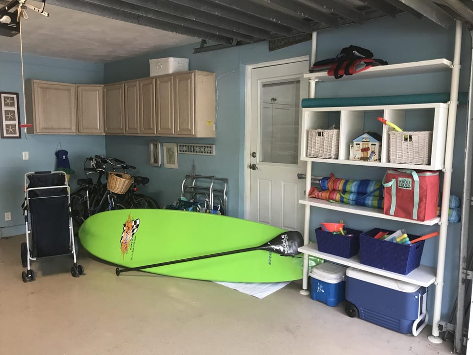 garage with tons of beach gear
