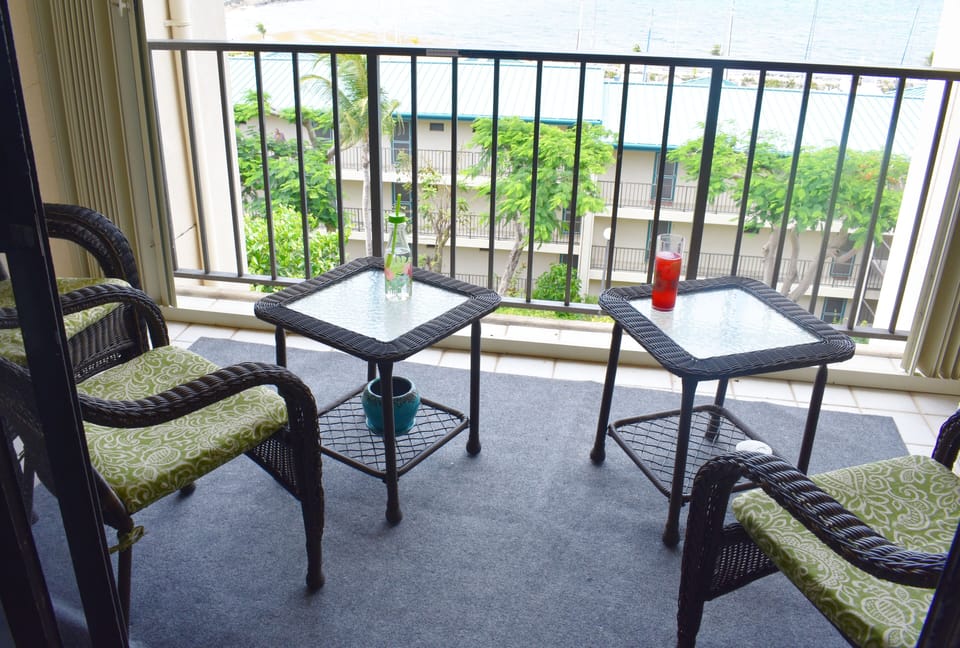 Balcony overlooking the ocean and various Caribbean islands.