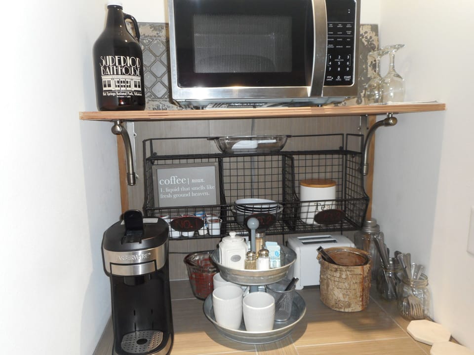 1st Bedroom Coffee Bar. Single serve coffee-maker and microwave