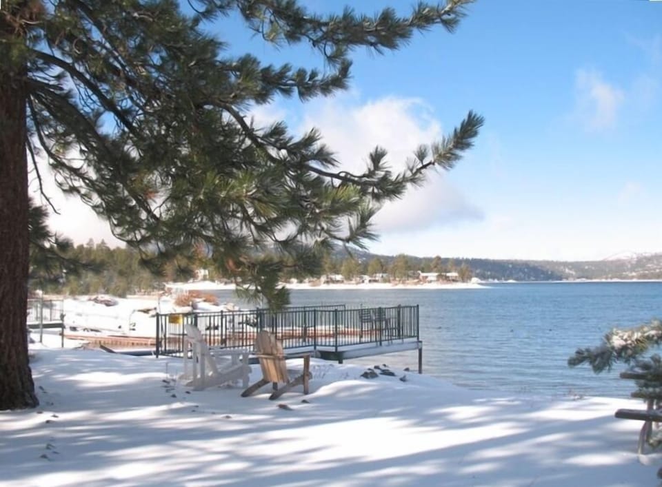 A winter lakefront yard ready for snow play