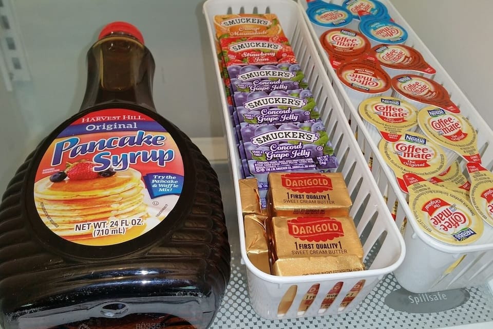 Syrup, butter, jam and creamer are in the refrigerator! 
