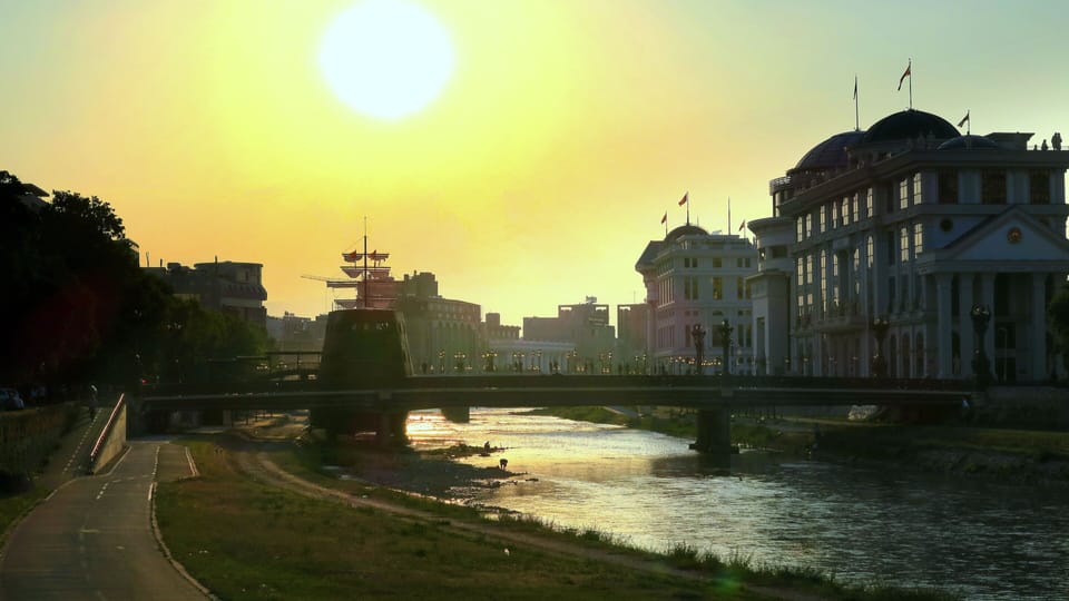 The Vardar River at the center of Skopje during sunset time