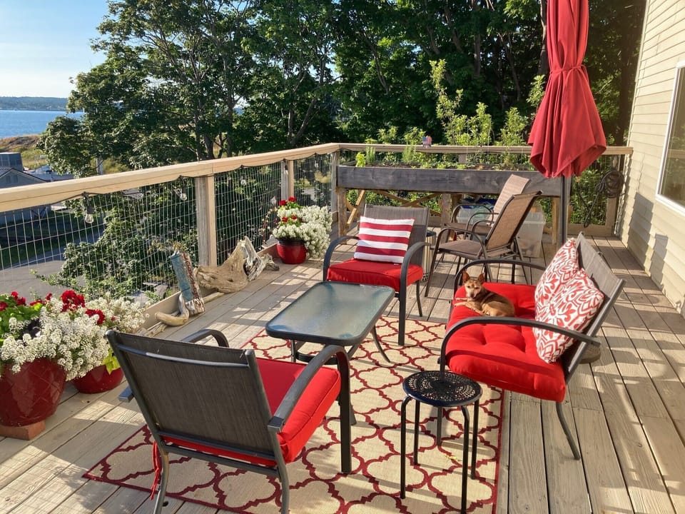 Patio set with umbrella, grill and Solo stove firepit.